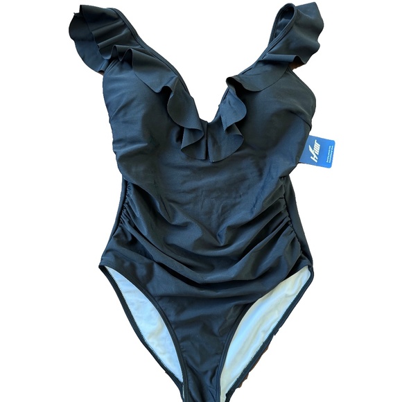 NWT Hilor Black One-Piece Swimsuit Size L Ruched Ruffle Tummy Control Swimwear - Picture 2 of 9